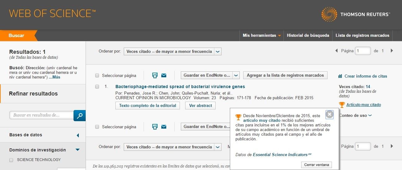Artículos muy citados, factor de impacto y cuartiles en Web of Science