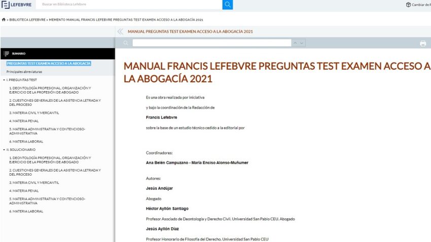 Manual Francis Lefebvre preguntas examen test master de abogacía 2021