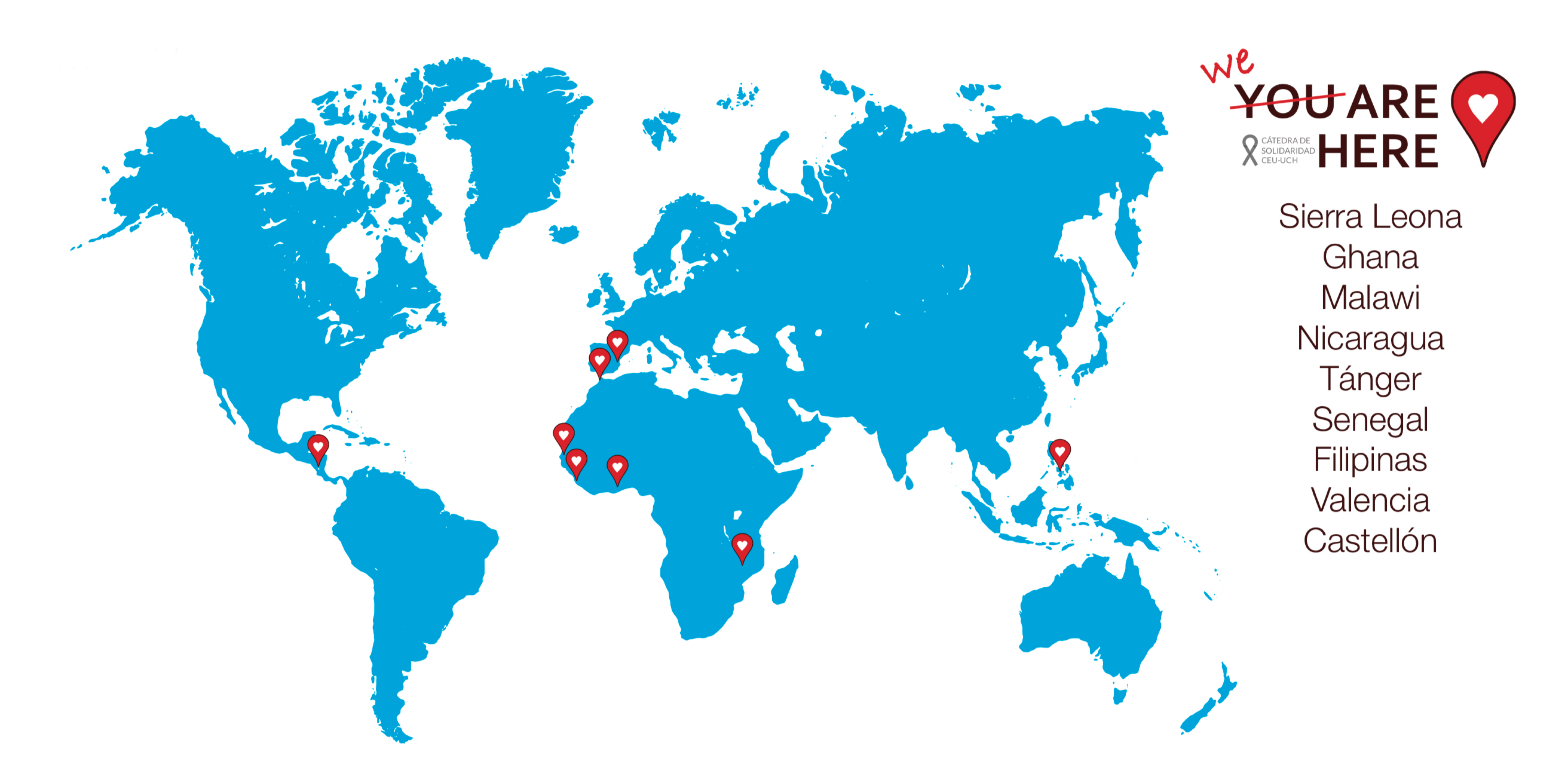 Map of the world showing the locations of the Chair of Solidarity missions.