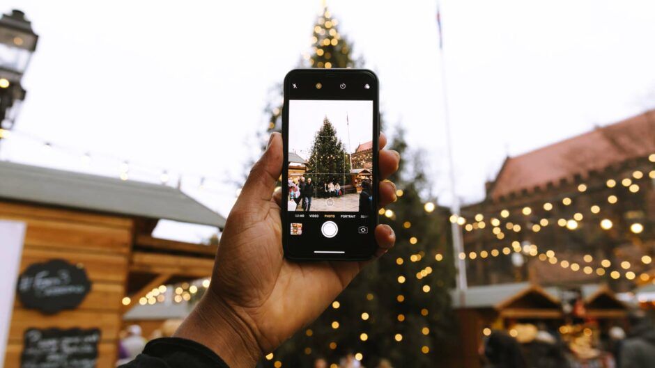 A person taking a photo on a Christmas market