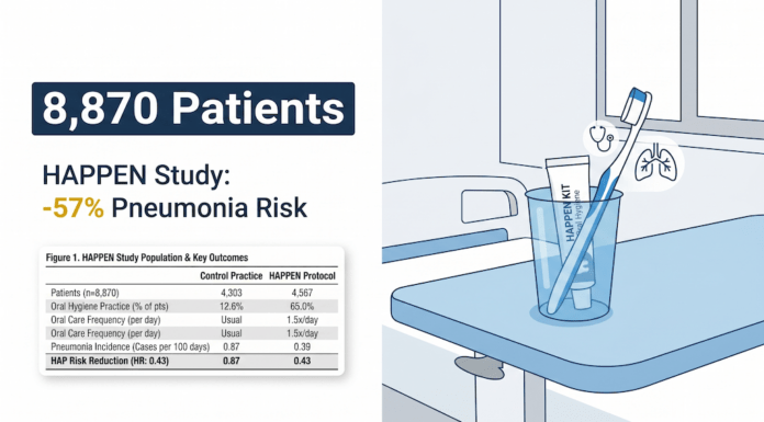 Infographic of the HAPPEN Study showing a 57% reduction in hospital-acquired pneumonia through oral hygiene.